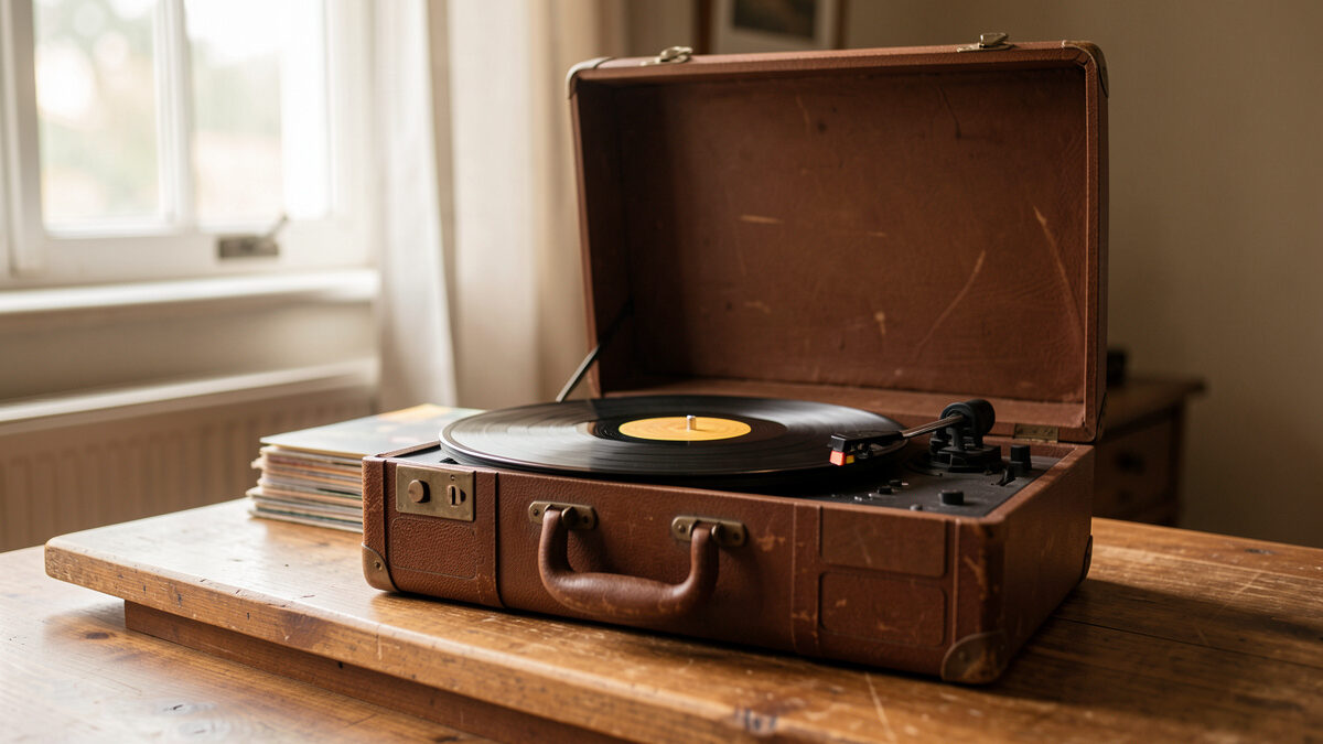 Open suitcase-style record player beside a stack of vinyl on a wooden desk