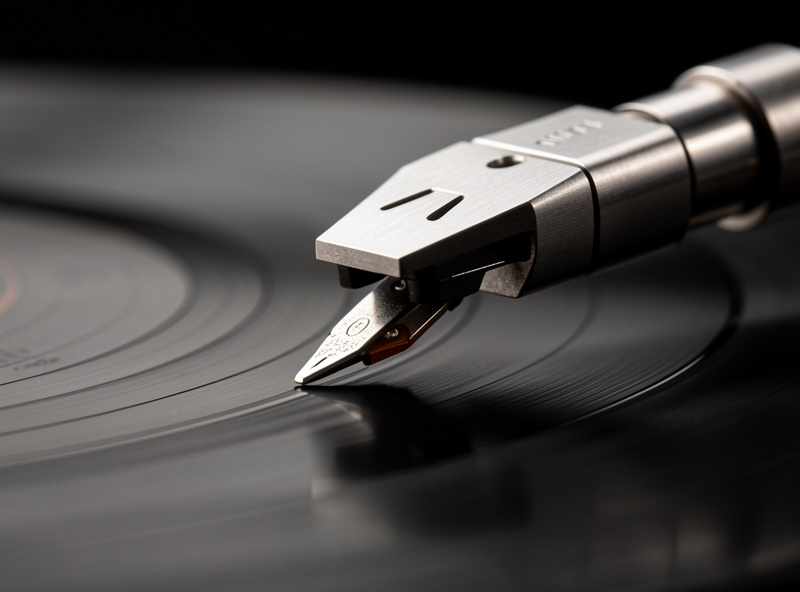 Macro close-up of a turntable tonearm and stylus tip resting in a record groove
