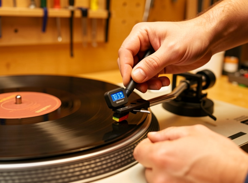 Hands lowering a digital stylus-force gauge onto a turntable tonearm near the record