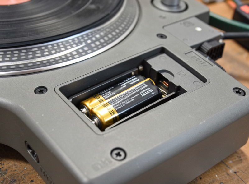 Close-up of a rechargeable lithium battery compartment inside a portable turntable