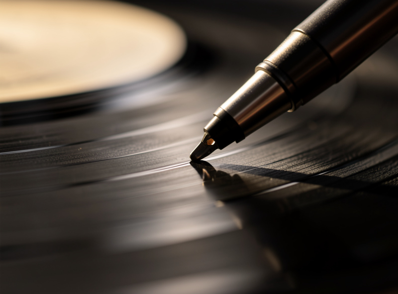 A stylus resting in a record groove seen in macro showing the contact point