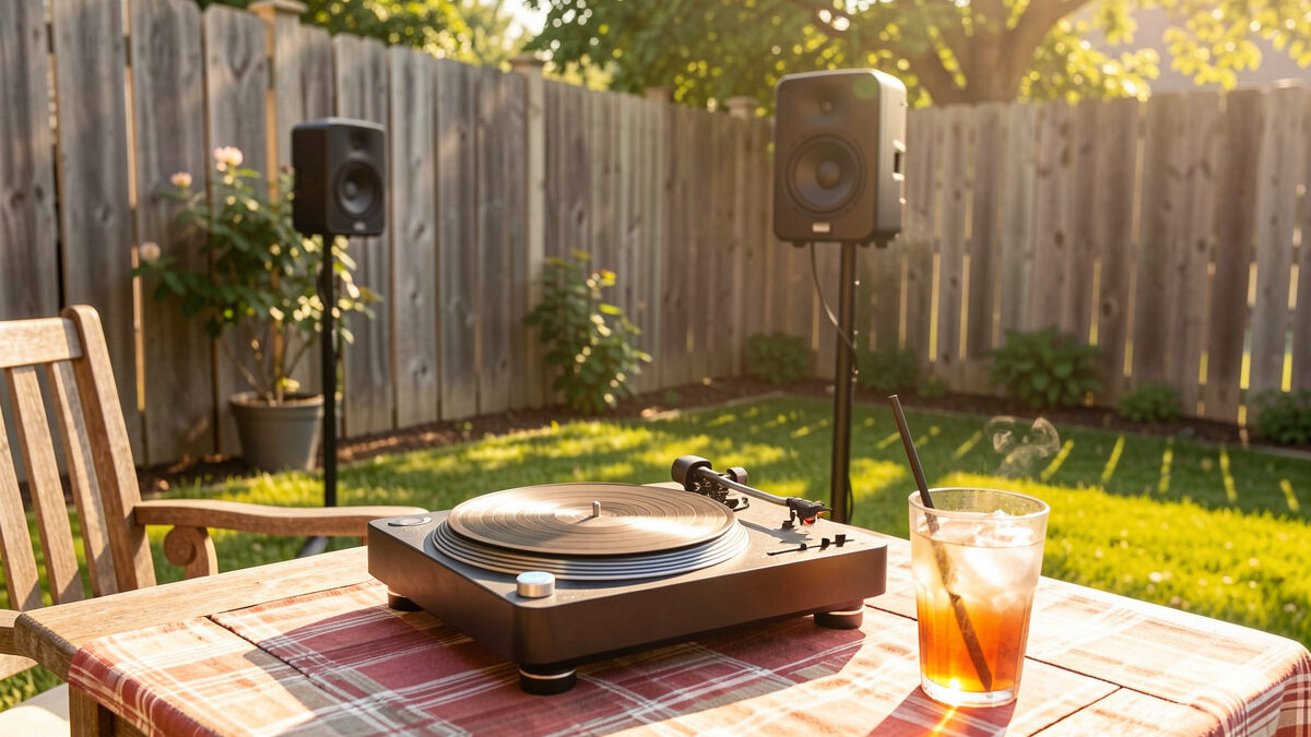 A Bluetooth portable turntable on a backyard patio table streaming to a wireless speaker on a fence