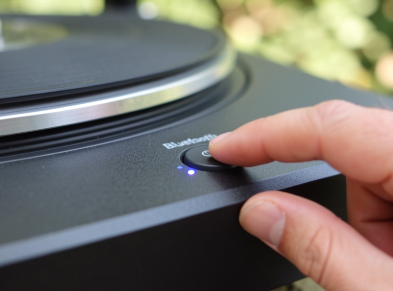 Close-up of a Bluetooth pairing indicator light on a portable turntable with a thumb pressing the button