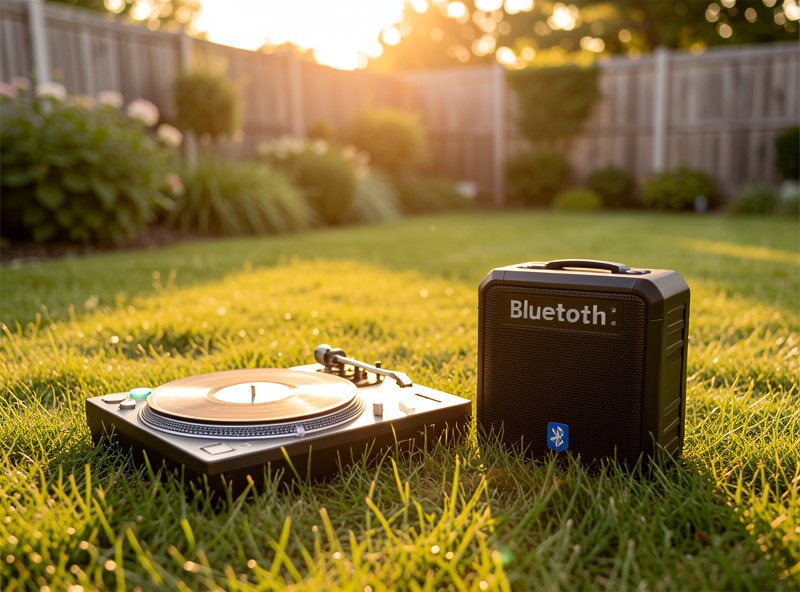 A portable turntable and a rugged Bluetooth speaker on grass in a backyard at golden hour