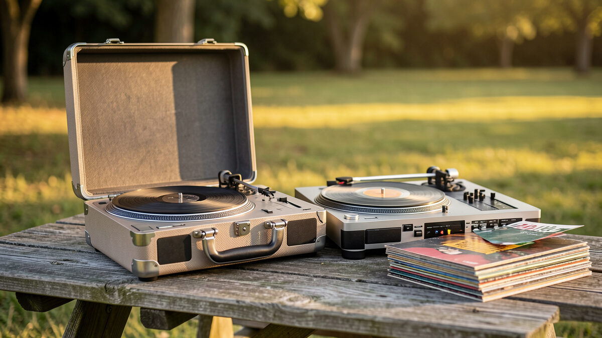 A suitcase-style portable turntable and a modern portable deck side by side on a wooden picnic table outdoors