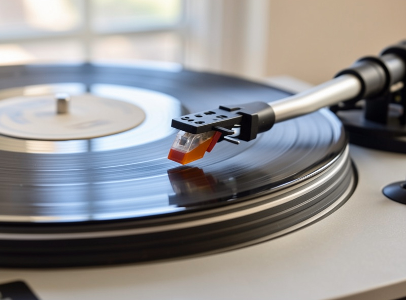 Close-up of a stylus tracking a spinning record on a compact battery-powered turntable