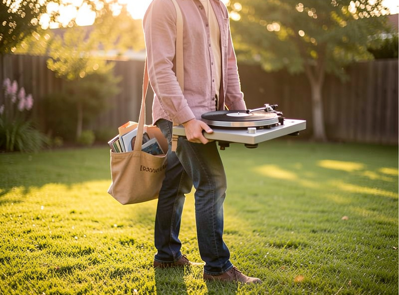 A person carrying a small portable turntable across a sunlit backyard lawn with records in a tote bag