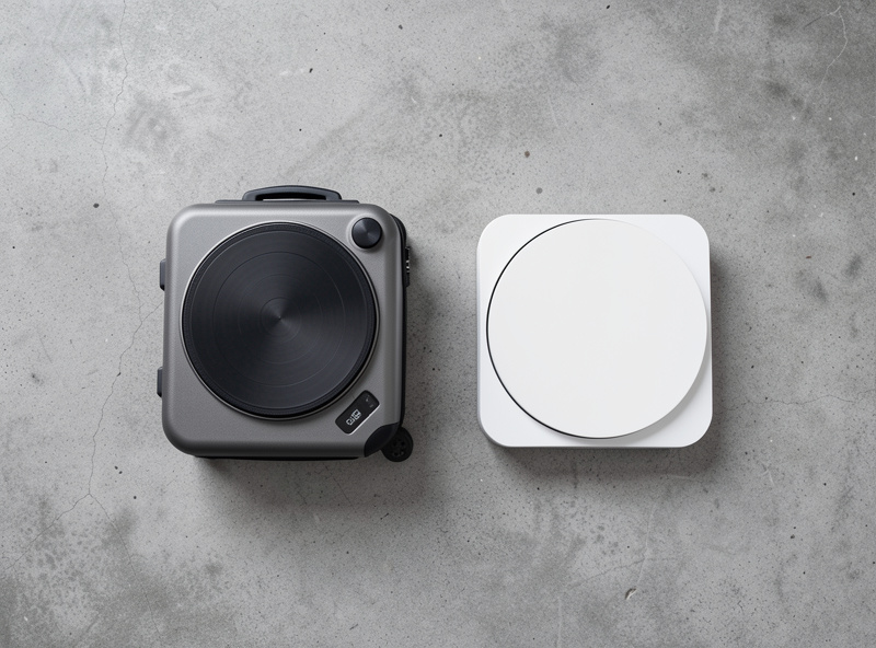 Two small portable turntables photographed from above for comparison, one suitcase style and one minimalist modern