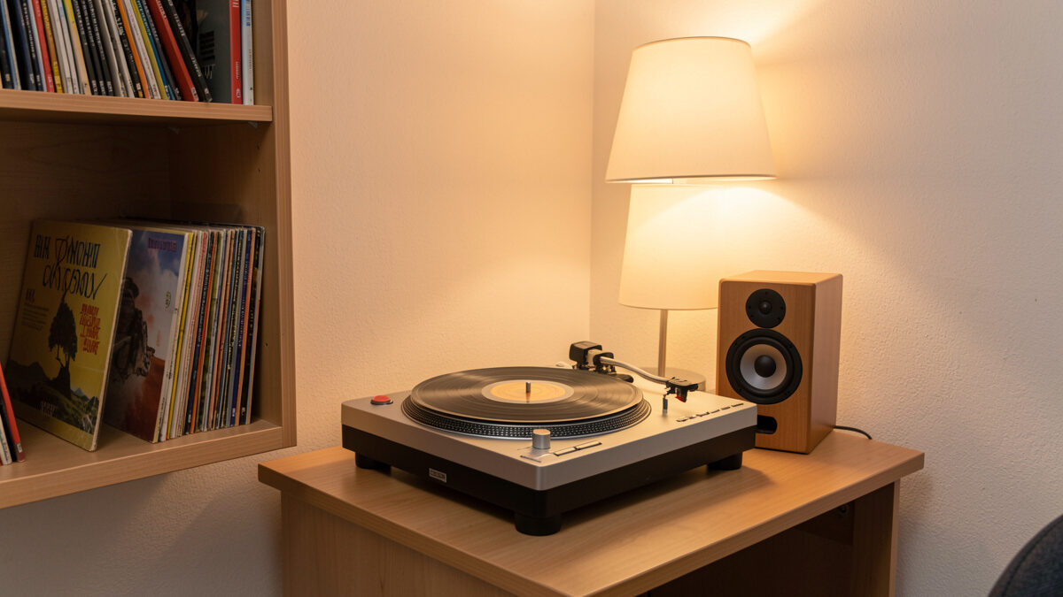 A compact turntable on a small desk in a cozy dorm room with records on a shelf and a bookshelf speaker