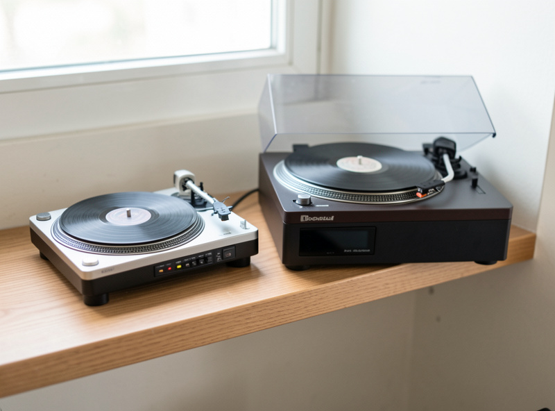 A tiny portable turntable next to a compact belt-drive turntable on a narrow shelf for size comparison