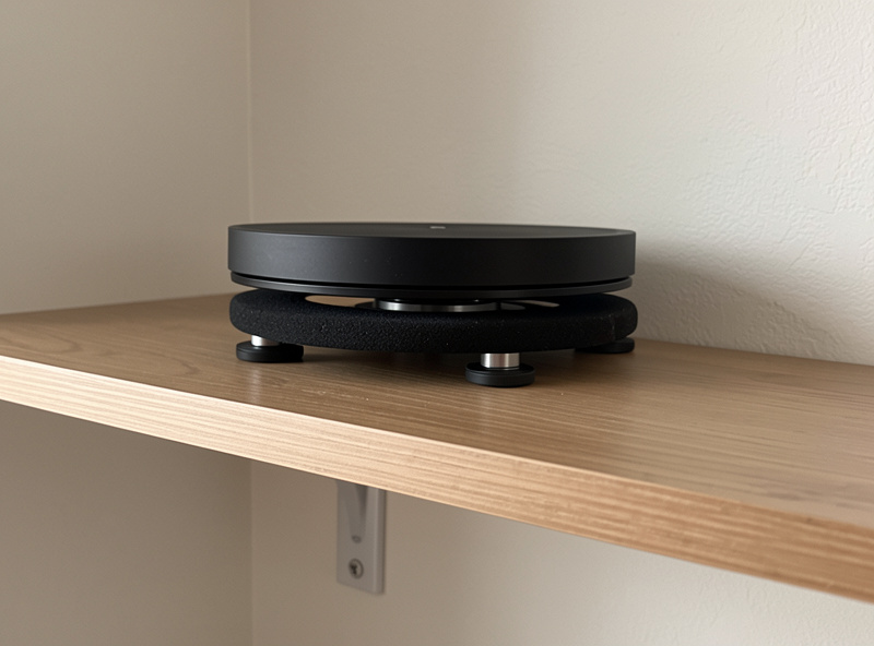 A small turntable on a sorbothane isolation pad on a wall-mounted shelf showing the anti-vibration feet