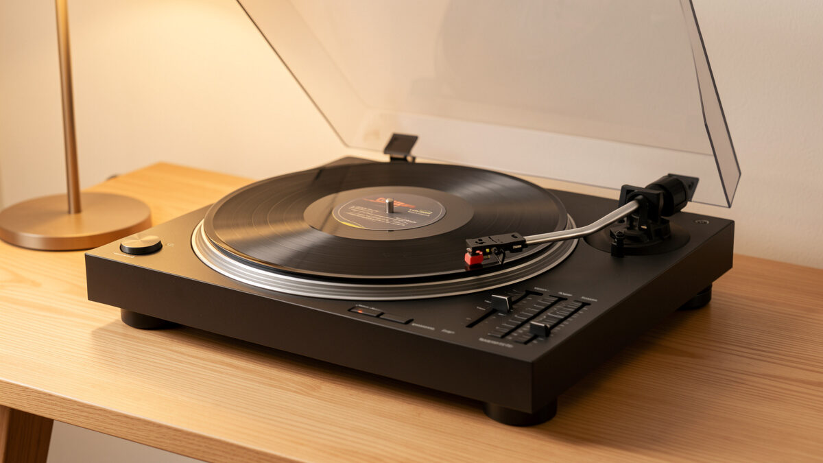 Simple plug-and-play belt-drive turntable with a factory-mounted cartridge and built-in phono preamp on a wooden side table