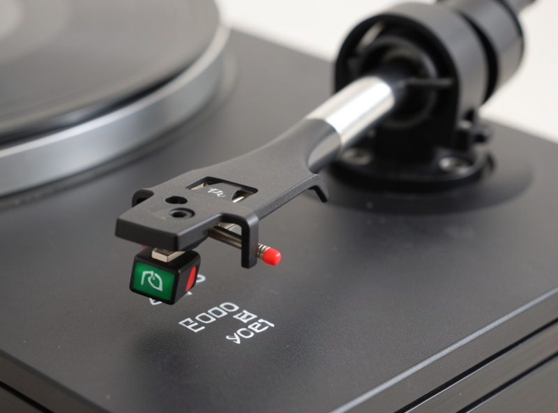 Close-up of a factory-mounted moving-magnet cartridge and stylus on a brushed-aluminum headshell
