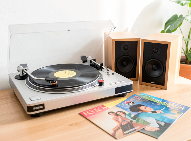 Hands gently lowering a turntable tonearm cueing lever onto a spinning black vinyl record