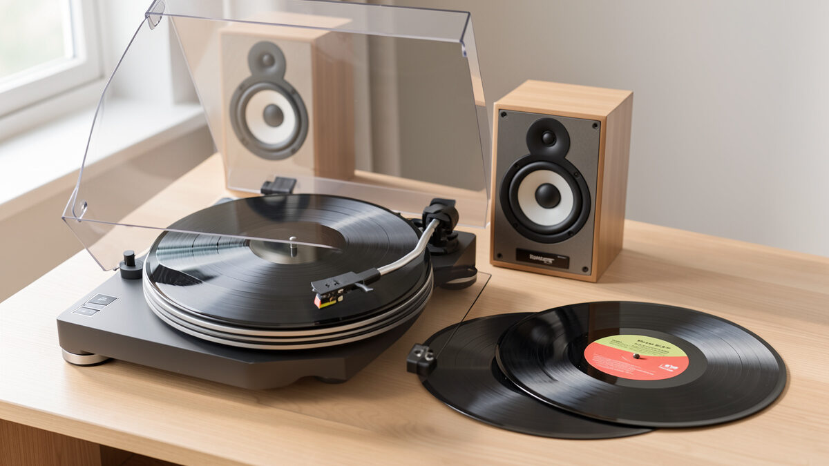 Complete affordable vinyl gift setup with a belt-drive turntable, powered bookshelf speakers, and records on a wooden surface