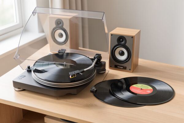 Complete affordable vinyl gift setup with a belt-drive turntable, powered bookshelf speakers, and records on a wooden surface