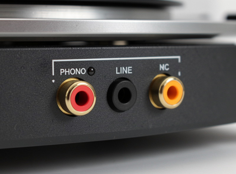 Close-up of a turntable rear panel showing the PHONO and LINE switch and RCA output jacks for the built-in preamp
