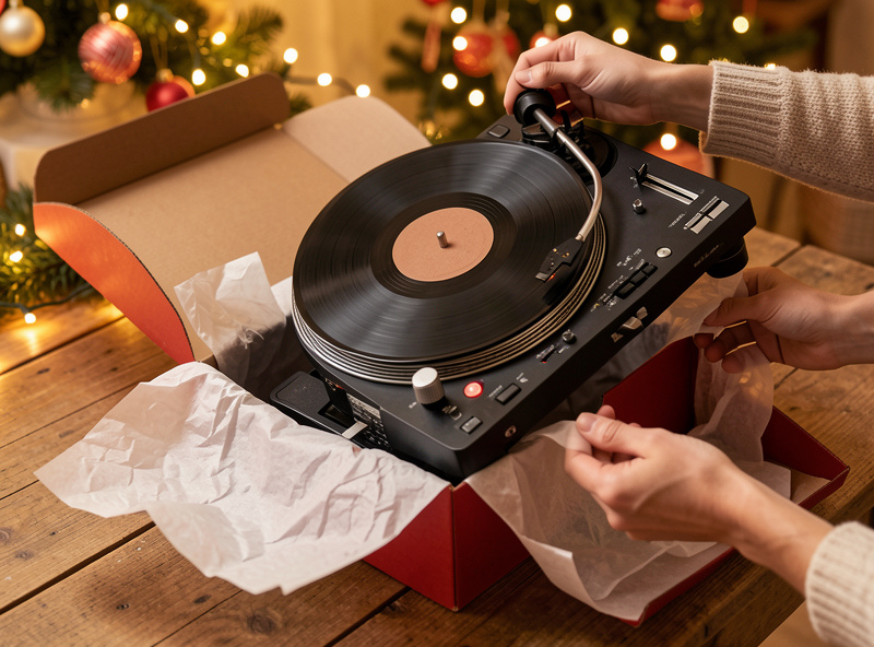 A turntable being lifted out of an open gift box with tissue paper on a wooden table, warm unboxing scene