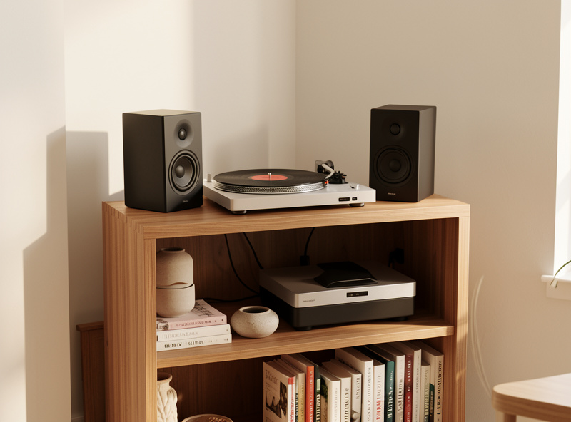 A pair of compact powered desktop speakers connected to a belt-drive turntable on a sturdy bookshelf in a clean living room