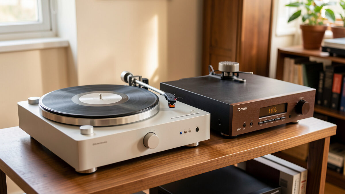 A refined belt-drive turntable beside an external phono stage on a wooden hi-fi rack