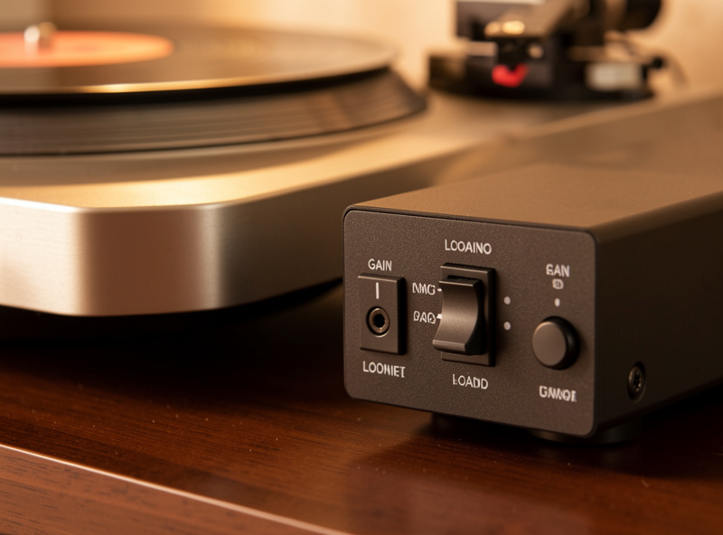 Close-up of an external phono preamp box with gain and loading switches next to a turntable