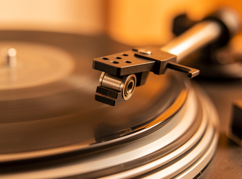 A precision tonearm bearing and counterweight on a high-quality belt-drive turntable, extreme macro