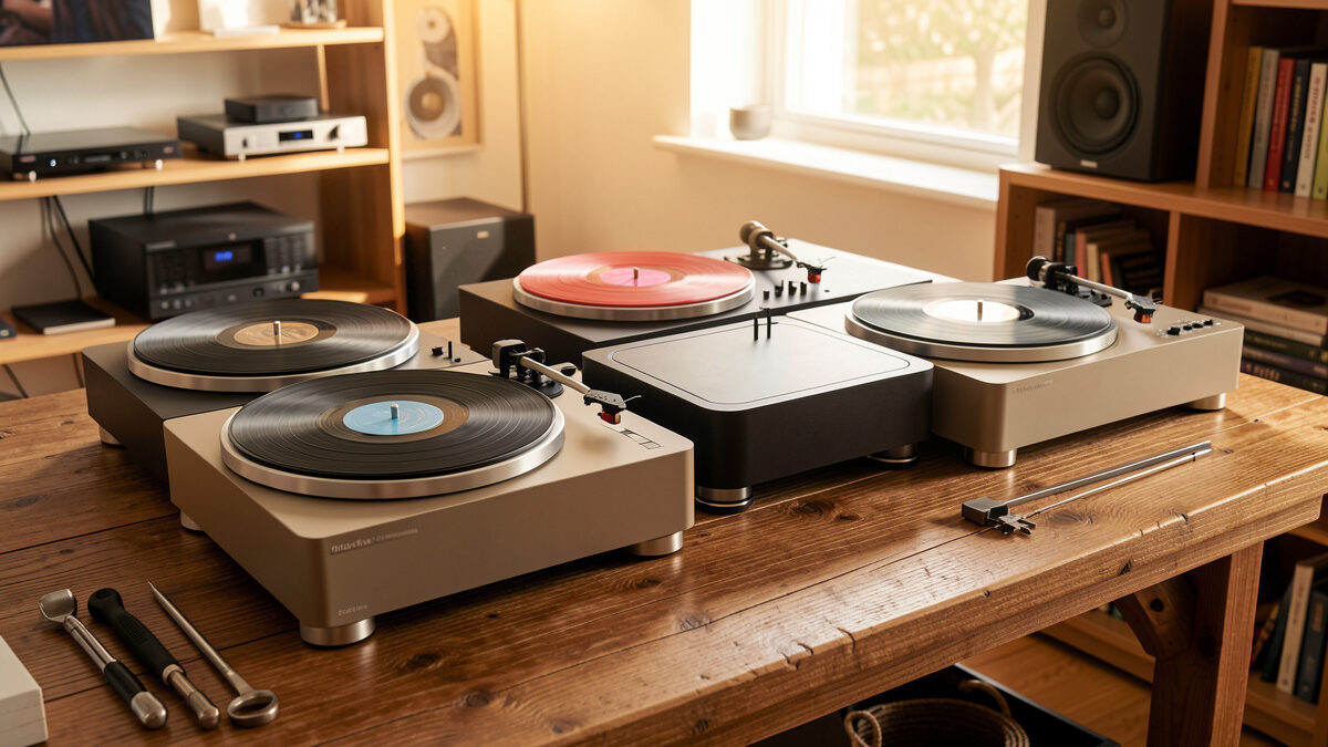 Four modern belt-drive turntables arranged on a wooden workbench in a home listening room
