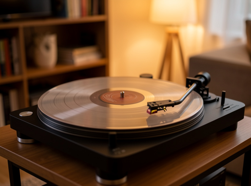 A belt-drive turntable with an acrylic platter and a record playing in a warm-lit listening room