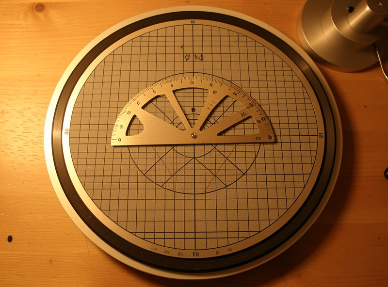 Overhead view of a two-point cartridge alignment protractor grid on a turntable platter