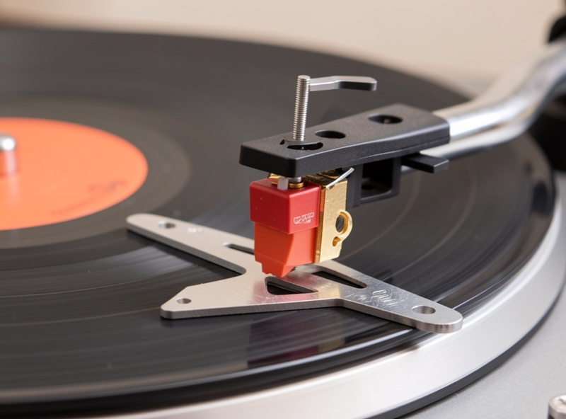A freshly mounted phono cartridge being set up on a tonearm with alignment tools