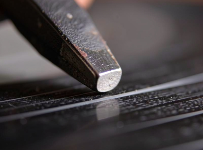 Close-up of a worn stylus tip with a visible polished wear flat tracking a record groove
