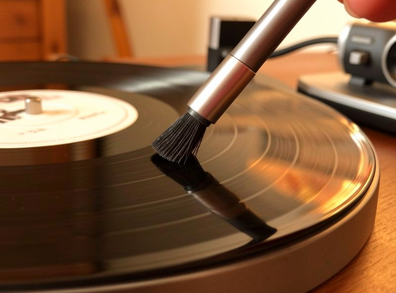 A clean stylus tracking a freshly cleaned record with a carbon fiber brush nearby