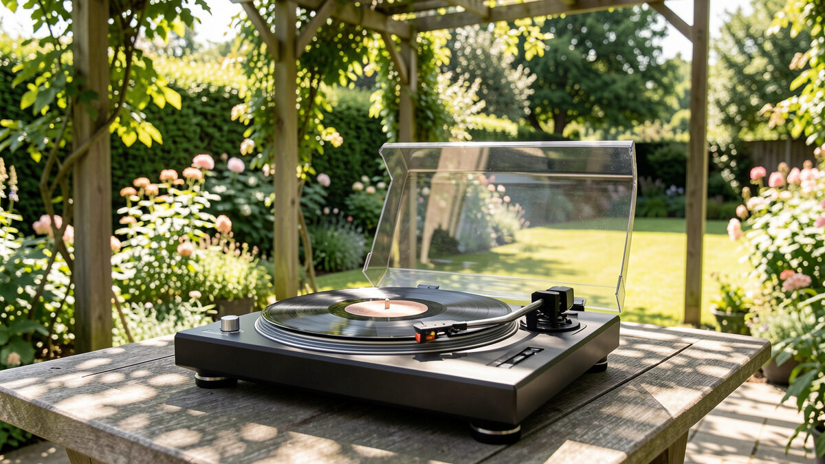 A turntable set up on a shaded outdoor table under a pergola with records playing in a garden