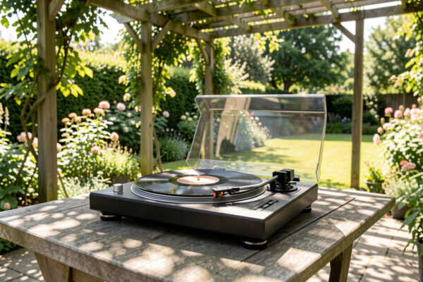 A turntable set up on a shaded outdoor table under a pergola with records playing in a garden