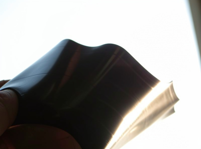 Close-up of a warped vinyl record held up against bright sunlight showing the wavy edge