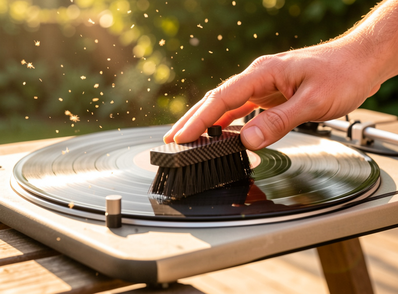 Hands brushing a record with a carbon-fiber brush on an outdoor table in warm light