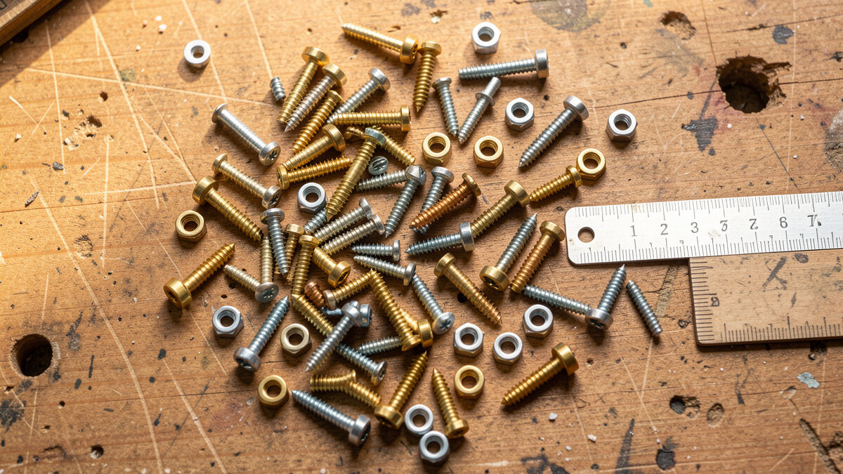 Assortment of cartridge mounting screws and nuts in aluminum, brass, and nylon beside a small ruler