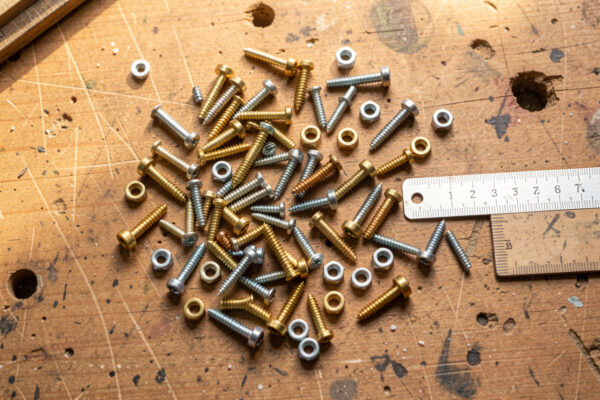 Assortment of cartridge mounting screws and nuts in aluminum, brass, and nylon beside a small ruler
