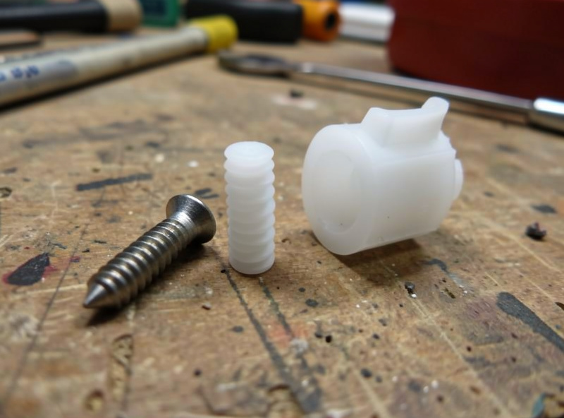 Steel screw next to a white nylon screw beside a plastic-bodied cartridge on a setup bench
