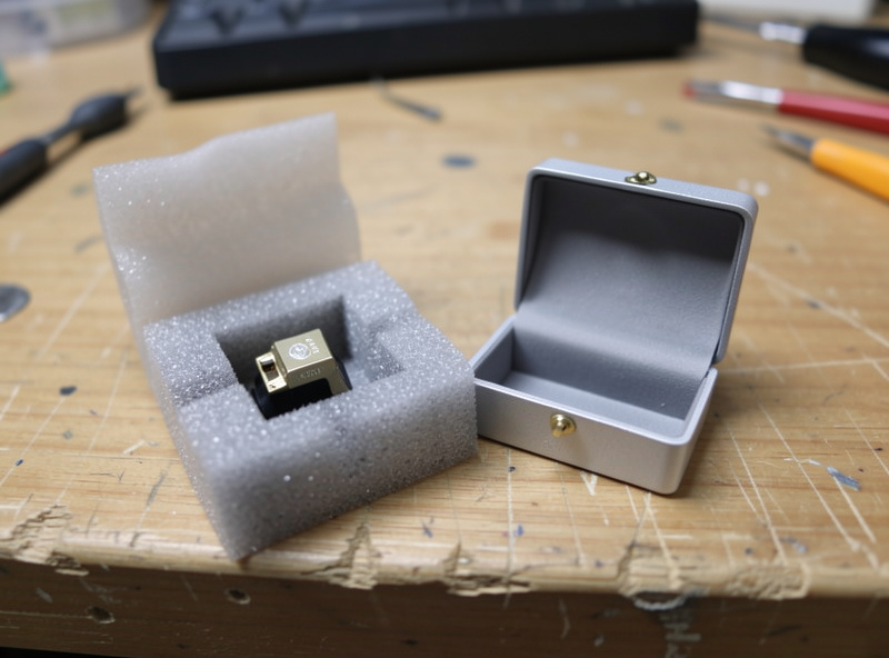 A high-value moving coil cartridge packaged to ship to a retipping service