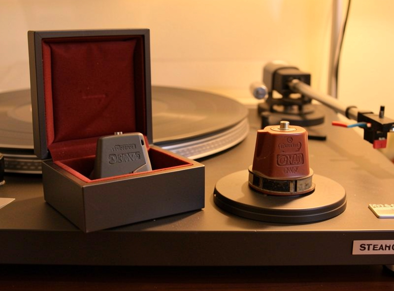 A new phono cartridge in its case next to an older cartridge being retired on a turntable plinth