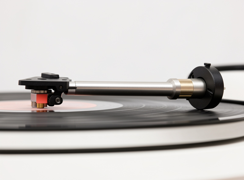 Thin shim spacers being placed between a phono cartridge and a headshell to adjust vertical tracking angle