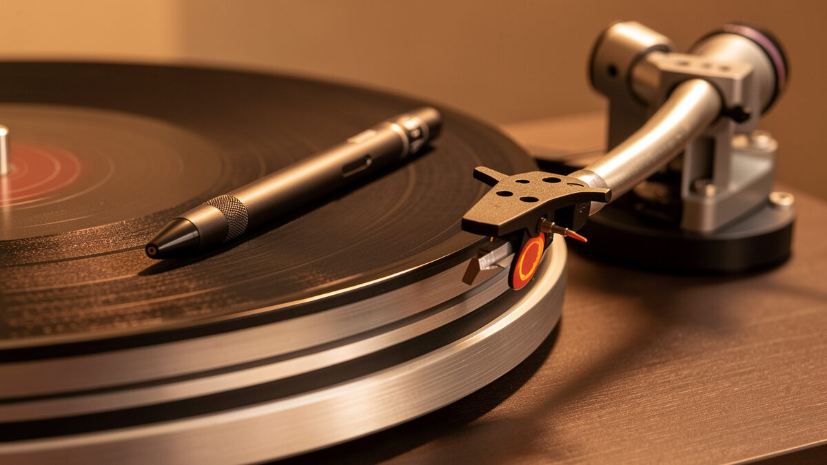 Digital stylus-force gauge resting on a turntable platter beside a tonearm
