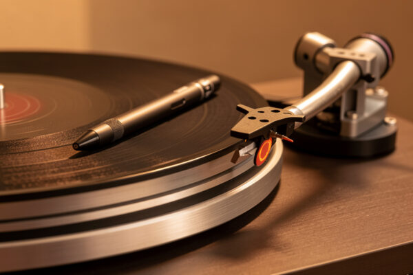 Digital stylus-force gauge resting on a turntable platter beside a tonearm