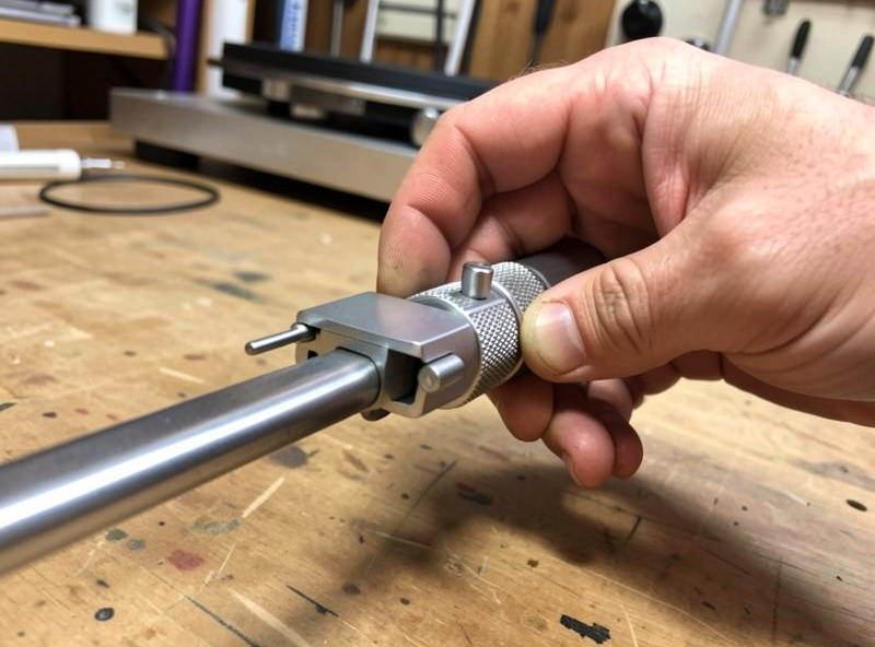 Close-up of a hand adjusting a tonearm counterweight at the back of the arm