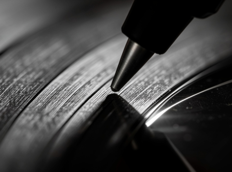 Extreme macro of a stylus tip riding in a vinyl record groove