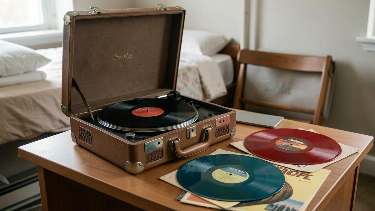 Open Crosley-style suitcase record player on a desk beside vinyl sleeves