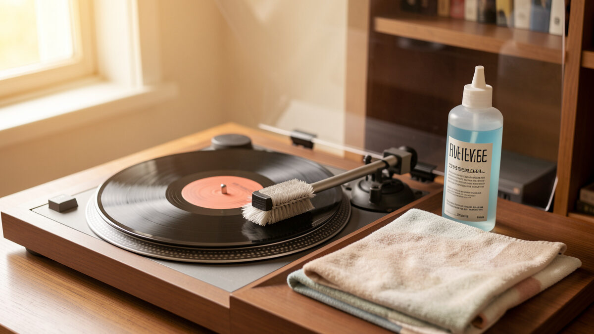 A vinyl record cleaning station with brush and fluid