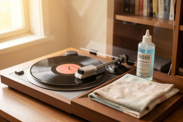 A vinyl record cleaning station with brush and fluid