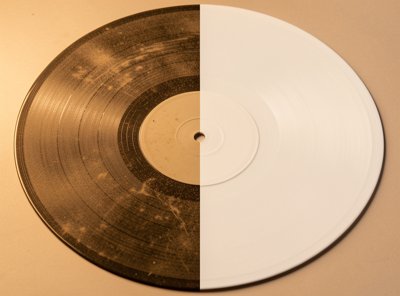 A vinyl record before and after cleaning, one side dusty and one side clean